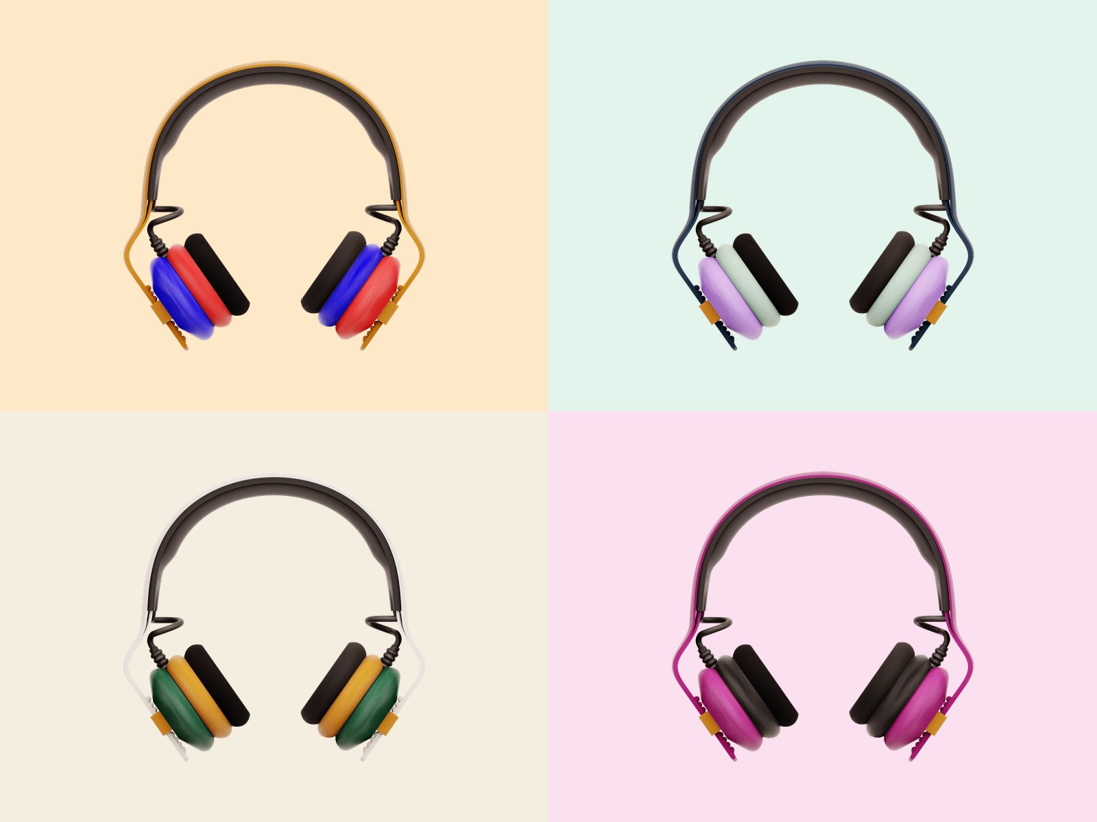 Four pairs of Kibu Custom Colours headphones, each in a different colour combination