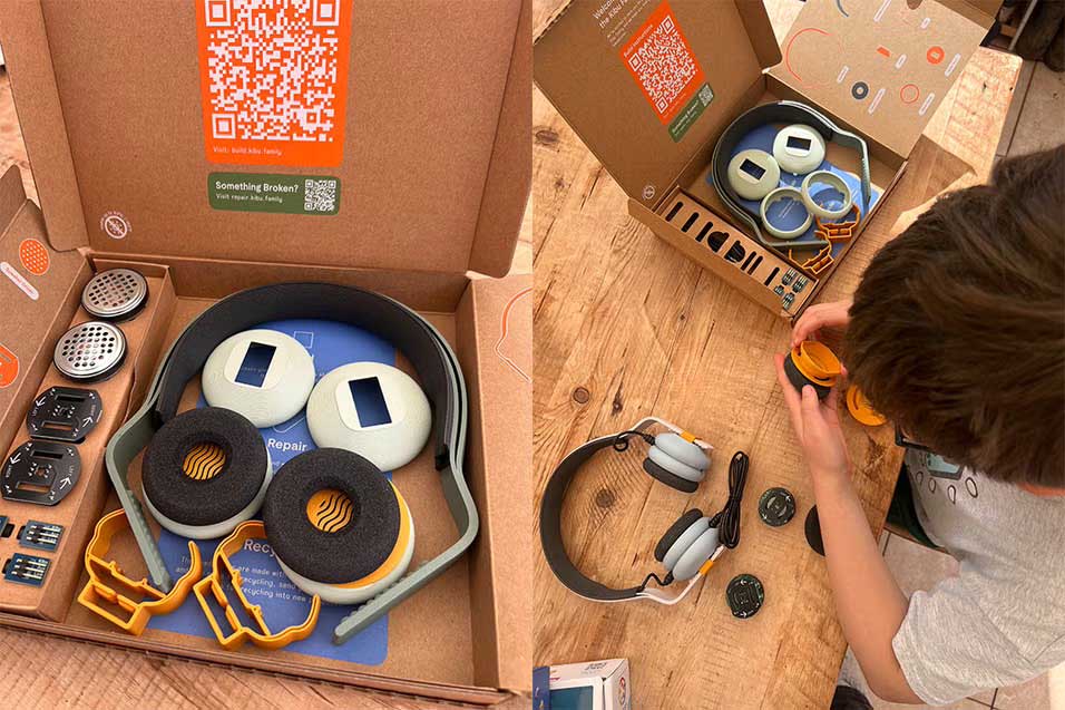 Boy building a pair of forest green kibu headphones