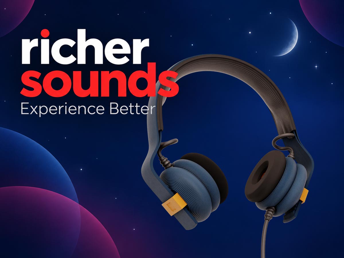Richer Sounds cover image, with Richer sounds logo and Kibu midnight berry wired headphones